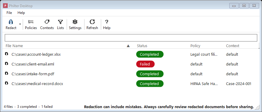 Philter Desktop main window showing a queue of documents being redacted